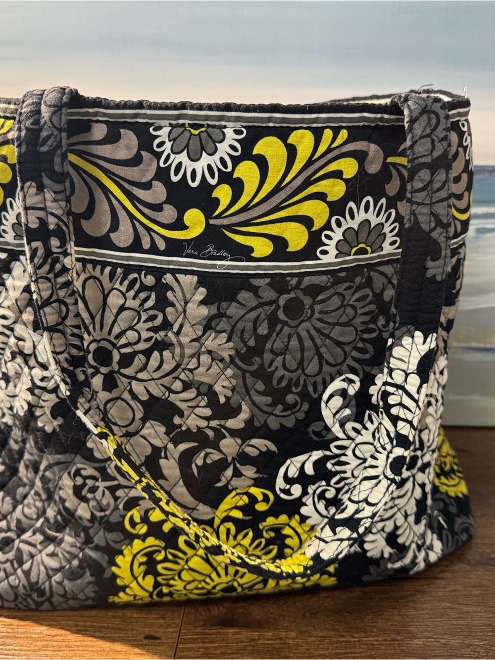 Vera Bradley Quilted Floral Tote in Black, Gray & Yellow